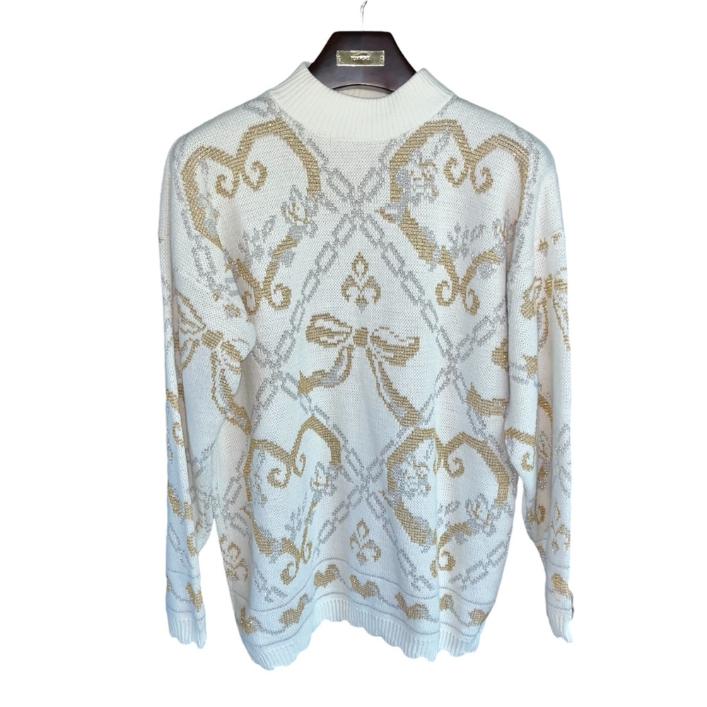 Elegant Vintage White, Gold and Silver Crewneck Sweater with Intricate Patterns